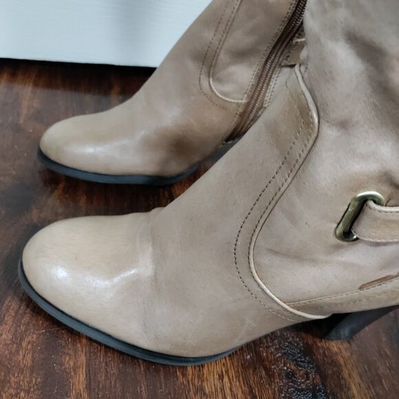 Guess MALLAY Tan Leather Side Zipper Mid-Calf Chunky High Heeled Boots Size 9M - Picture 5 of 16